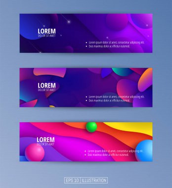 Soyut geometrik afişler seti. Sıvı arka plan elementlerini şekillendirir. Pankart, broşür, kitap kapağı, kitapçık, uygulamalar veya web tasarımı için şablonlar. Düzenlenebilir maske. Vektör illüstrasyonu.