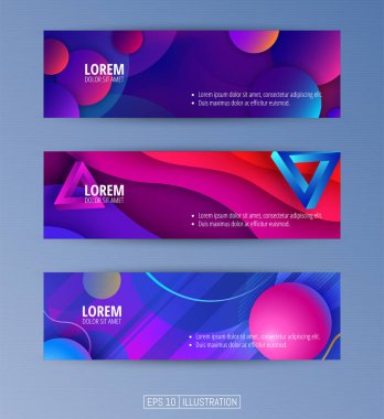 Soyut geometrik afişler seti. Sıvı arka plan elementlerini şekillendirir. Pankart, broşür, kitap kapağı, kitapçık, uygulamalar veya web tasarımı için şablonlar. Düzenlenebilir maske. Vektör illüstrasyonu.