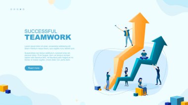Moda düz çizim. Başarılı takım çalışması sayfası konsepti. İş planlama, iş stratejisi ve fikir alışverişinde bulunan ofis çalışanları. Tasarımınız için şablon. Vektör grafikleri.