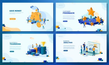 Moda düz çizim. Bir dizi web sayfası konsepti. Para biriktir. Müşteri geri bildirimi. Başarılı bir takım çalışması. İş analizi. Tasarımının şablonu işe yarıyor. Vektör grafikleri.