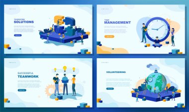 Moda düz çizim. Bir dizi web sayfası konsepti. Takım çalışması çözümleri. Zaman yönetimi. Takım çalışmasını başarıyla tamamla. Gönüllü olarak. Takım çalışması metaforu. Tasarımının şablonu işe yarıyor. Vektör grafikleri.