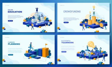 Moda düz çizim. Bir dizi web sayfası konsepti. Online eğitim. Kitle fonlaması. Kariyer planlama. Başarılı bir takım çalışması. Takım çalışması metaforu. Tasarımının şablonu işe yarıyor. Vektör grafikleri.