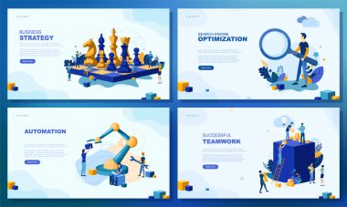 Moda düz çizim. İş stratejisi. Arama motoru optimizasyonu. Otomasyon. Başarılı bir takım çalışması. Bir dizi web sayfası konsepti. Tasarımının şablonu işe yarıyor. Vektör grafikleri.