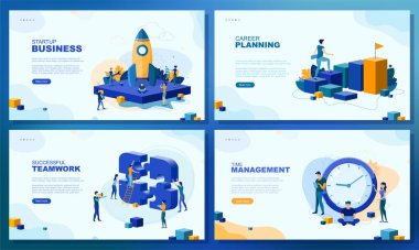 Moda düz çizim. Bir dizi web sayfası konsepti. Girişim işi. Zaman yönetimi. Kariyer planlama. Başarılı bir takım çalışması. Takım çalışması metaforu. Tasarımının şablonu işe yarıyor. Vektör grafikleri.