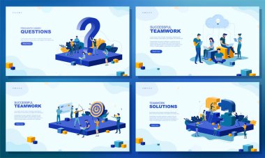 Moda düz çizim. Bir dizi web sayfası konsepti. Başarılı bir takım çalışması. İnsanlar çalışır. Sık sık sorulan sorular. Takım çalışması ve rekabet. Tasarımının şablonu işe yarıyor. Vektör grafikleri.