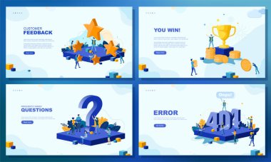 Moda düz çizim. Bir dizi web sayfası konsepti. Sen kazandın. 404 hata sayfası. Müşteri geri bildirimi. Sık sık sorulan sorular. Tasarımının şablonu işe yarıyor. Vektör grafikleri.
