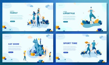 Moda düz çizim. Bir dizi web sayfası konsepti. Mutlu bir aile. Yoga yaşam tarzı. Spor zamanı. Kedi şovu. Tasarımının şablonu işe yarıyor. Vektör grafikleri.