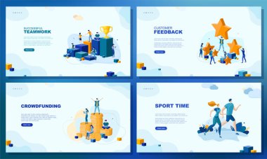 Moda düz çizim. Bir dizi web sayfası konsepti. Spor zamanı. Müşteri geri bildirimi. Başarılı bir takım çalışması. Kitle fonlaması. İş analizi. Tasarımının şablonu işe yarıyor. Vektör grafikleri.
