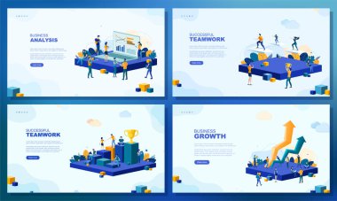 Moda düz çizim. Bir dizi web sayfası konsepti. Başarılı bir takım çalışması. İnsanlar çalışır. İş stratejisi. Takım çalışması ve rekabet. İş büyümesi. Tasarımının şablonu işe yarıyor. Vektör grafikleri.