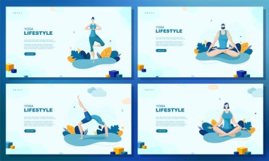 Moda düz çizim. Bir dizi web sayfası konsepti. Yoga Yaşam Tarzı. Erkek ve kadın yoga yapıyor. Aktivite. Fitness. Tasarımının şablonu işe yarıyor. Vektör grafikleri.