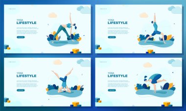 Moda düz çizim. Bir dizi web sayfası konsepti. Yoga Yaşam Tarzı. Erkek ve kadın yoga yapıyor. Aktivite. Fitness. Tasarımının şablonu işe yarıyor. Vektör grafikleri.
