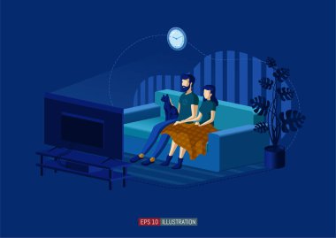 Moda düz çizim. Aile televizyon izler. Kablolu TV. Aile eğlencesi. Tasarımının şablonu işe yarıyor. Vektör grafikleri.