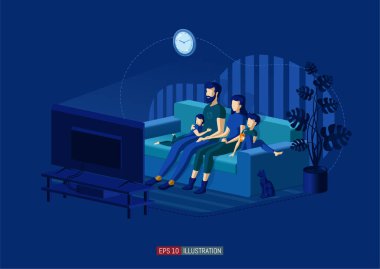 Moda düz çizim. Aile televizyon izler. Kablolu TV. Aile eğlencesi. Tasarımının şablonu işe yarıyor. Vektör grafikleri.