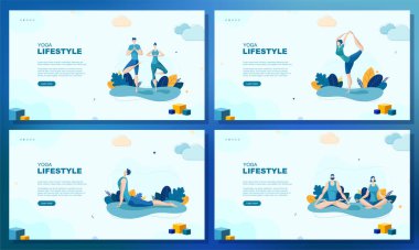 Moda düz çizim. Bir dizi web sayfası konsepti. Yoga Yaşam Tarzı. Erkek ve kadın yoga yapıyor. Aktivite. Fitness. Tasarımının şablonu işe yarıyor. Vektör grafikleri.