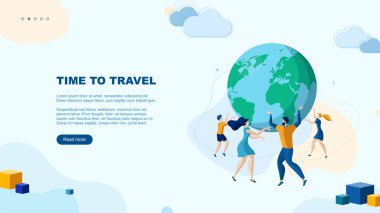 Moda düz çizim. Seyahat sayfası konsepti zamanı. Erkek, kadın ve çocuklar. Mutlu Aile. Tatilde. Küre. Tasarımının şablonu işe yarıyor. Vektör grafikleri.