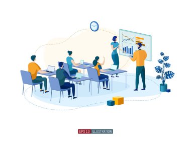 Moda düz çizim. İş özeti, sunum ya da eğitim. Takım çalışması metaforu. Eğitim. Öğreniyorum. - Bilgi. Tasarımının şablonu işe yarıyor. Vektör grafikleri.