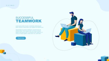 Moda düz çizim. Başarılı takım çalışması sayfası konsepti. İş planlama, iş stratejisi ve fikir alışverişinde bulunan ofis çalışanları. Tasarımınız için şablon. Vektör grafikleri.
