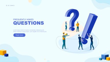 Moda düz çizim. Sıkça sorulan soru sayfası konsepti. SSS. Soru işareti. Tasarımının şablonu işe yarıyor. Vektör grafikleri.