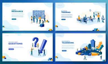 Moda düz çizim. Bir dizi web sayfası konsepti. İnsan kaynakları. İş eğitimi. Sık sık sorulan sorular. Başarılı bir takım çalışması. Tasarımının şablonu işe yarıyor. Vektör grafikleri.