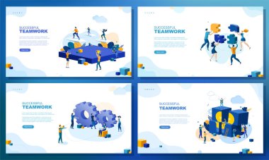 Moda düz çizim. Bir dizi web sayfası konsepti. Başarılı bir takım çalışması. İnsanlar çalışır. İş stratejisi. Takım çalışması ve rekabet. Tasarımının şablonu işe yarıyor. Vektör grafikleri.