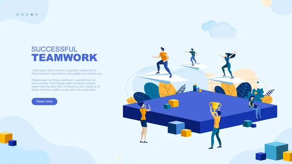 Trendig Platt Illustration Framgångsrikt Teamwork Sidkoncept Kontorsarbetare Planerar Affärsmekanism Analysera — Stock vektor