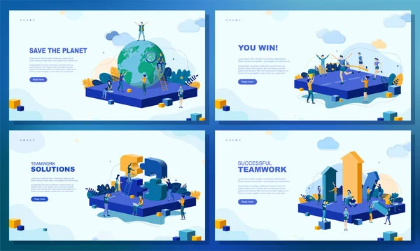 Trendig Platt Illustration Uppsättning Webbsidekoncept Rädda Planeten Vinner Lagarbetslösningar Framgångsrikt — Stock vektor