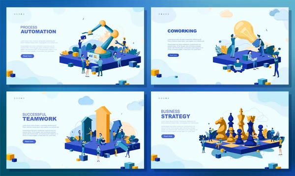 Moda düz çizim. İş stratejisi. Birlikte çalışıyoruz. Otomasyon. Başarılı bir takım çalışması. Bir dizi web sayfası konsepti. Tasarımının şablonu işe yarıyor. Vektör grafikleri.