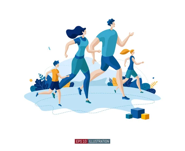 Ilustración Plana Moda Concepto Sport Time Hombre Mujer Niños Corriendo — Archivo Imágenes Vectoriales
