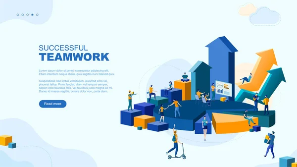 Trendy Platte Illustratie Succesvol Teamwork Pagina Concept Kantoormedewerkers Schaven Business — Stockvector