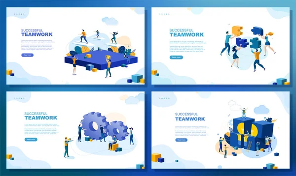 Trendig Platt Illustration Uppsättning Webbsidekoncept Framgångsrikt Lagarbete Folk Jobbar Affärsstrategi — Stock vektor