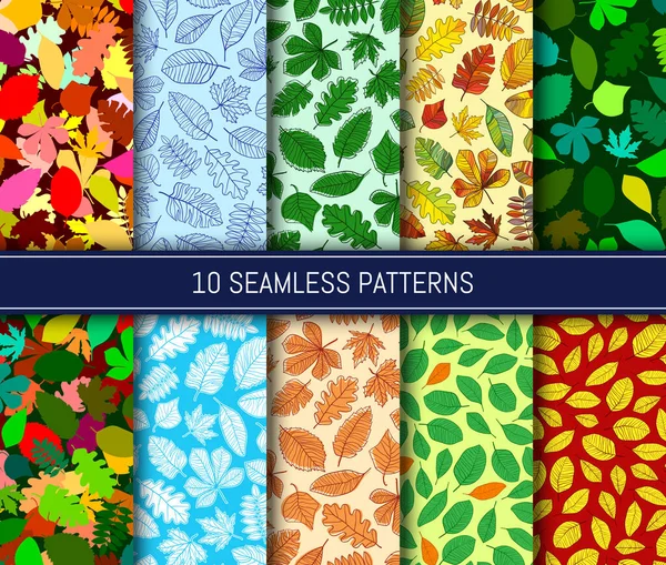 Ten Seamless Patterns Abstract Colorful Leaves Background Template Your Design — Stock Vector