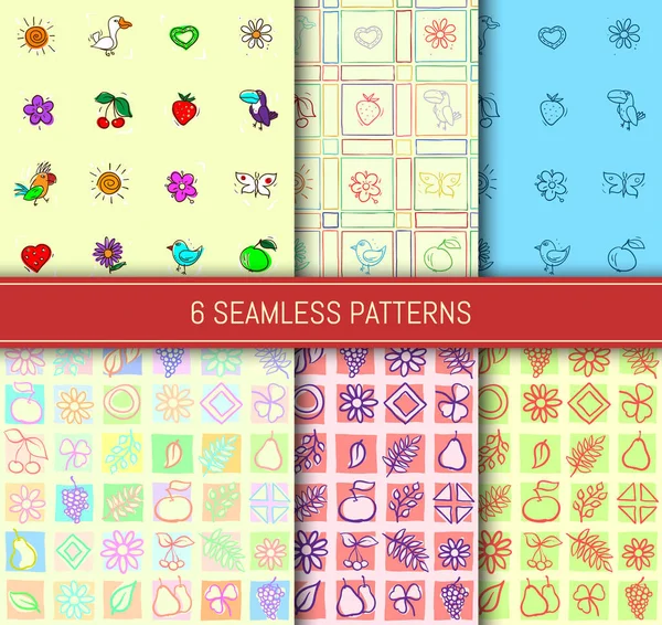 Seamless patterns set. Birds, flowers, leaves, berries and fruits. Abstract backgrounds. Template for your design works. Vector illustration. — Stock Illustration Seamless Patterns Set Birds Flowers Leaves Berries Fruits Abstract Backgrounds Stock Vector