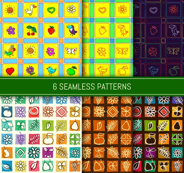 Seamless patterns set. Birds, flowers, leaves, berries and fruits. Abstract backgrounds. Template for your design works. Vector illustration. — Stock Illustration Seamless Patterns Set Birds Flowers Leaves Berries Fruits Abstract Backgrounds Royalty Free Stock Vectors