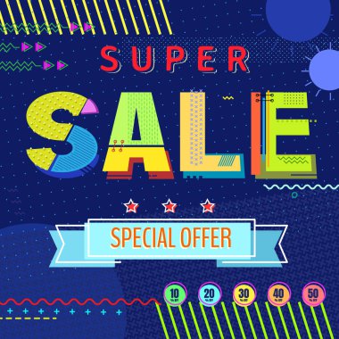 Moda geometrik tanıtım afişi tasarımı. Süper satış. Özel fiyat. Memphis tarzı. Tasarımının şablonu işe yarıyor. Vektör illüstrasyonu.