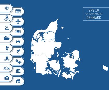 Düz detaylı Danimarka haritası. İdari bölümlerin düzenlenebilir hatlarına ayrılır. Tatil ve seyahat ikonları. Tasarımının şablonu işe yarıyor. Vektör illüstrasyonu.
