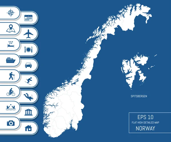 Düz detaylı Norveç haritası. İdari bölümlerin düzenlenebilir hatlarına ayrılır. Tatil ve seyahat ikonları. Tasarımının şablonu işe yarıyor. Vektör illüstrasyonu.