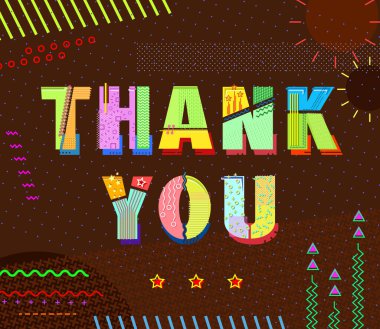 Kart tasarımına teşekkür et. Soyut arkaplanda geometrik harfler var. Memphis tarzı. Tasarımının şablonu işe yarıyor. Vektör illüstrasyonu.