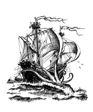 Dev ahtapot saldırı klasik yelkenli gemi. El çizimi çizimi. Soyut arkaplan. Tasarımının şablonu işe yarıyor. Vektör grafikleri.
