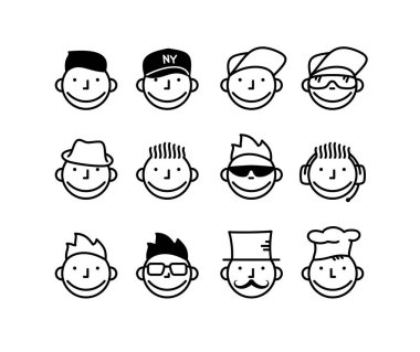 Emoji tarzı karakterler ayarlandı. Tasarımının şablonu işe yarıyor. Vektör illüstrasyonu.