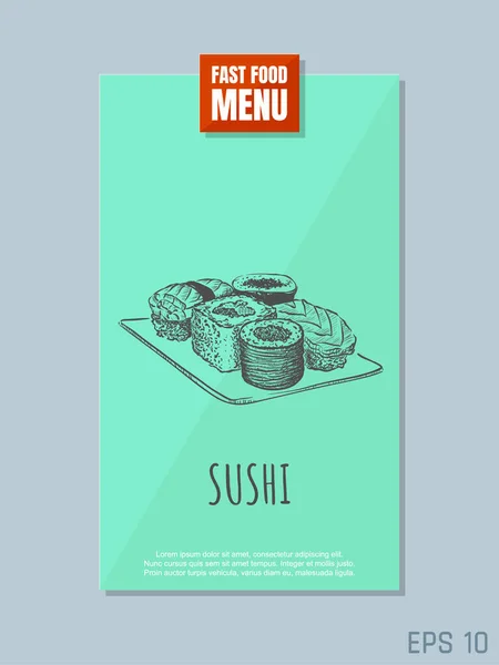 Concepto Tarjeta Menú Comida Rápida Esbozo Sushi Estilo Retro Ilustración — Vector de stock