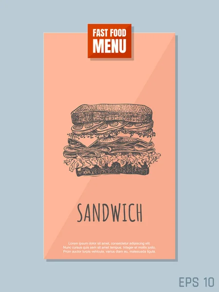 Fast Food Menu Card Concept Sandwich Sketch Retro Style Vector — Stock Vector