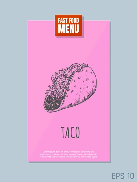 Conceito Cartão Menu Fast Food Esboço Tacos Estilo Retrô Ilustração — Vetor de Stock