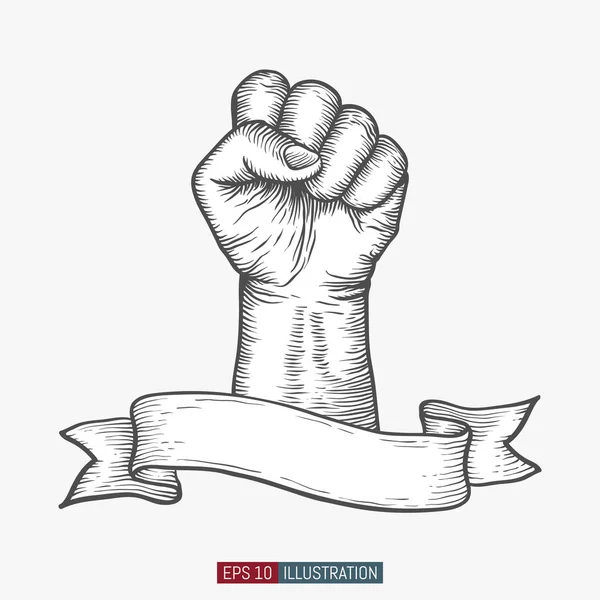 Рука Нарисовала Отдельную Кулачную Руку Баннером Ленты Выгравированный Стиль Революция — стоковый вектор