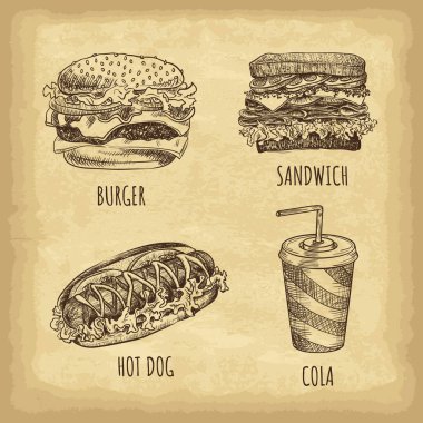El yapımı fast food seti. - Burger. - Kola. Sosisli sandviç. Sandviç. Retro tarzı. Vektör illüstrasyonu.