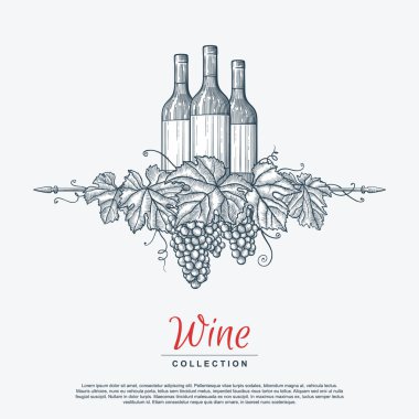 Şarap şişeleri ve bardaklarla el çizimi üzüm çelengi. Tasarımının şablonu işe yarıyor. İşlenmiş biçim vektör illüstrasyonu.