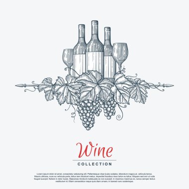Şarap şişeleri ve bardaklarla el çizimi üzüm çelengi. Tasarımının şablonu işe yarıyor. İşlenmiş biçim vektör illüstrasyonu.