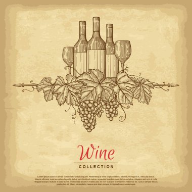 Şarap şişeleri ve bardaklarla el çizimi üzüm çelengi. Eski kağıt dokusu arka planı. Tasarımının şablonu işe yarıyor. İşlenmiş biçim vektör illüstrasyonu.