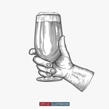 Bira bardaklarını tutarken. İşlemeli stil. El çizimi vektör illüstrasyonu.