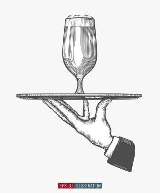 Garsonun bira bardağıyla el tutma tepsisi. Kabartmalı el çizimi vektör çizimi. Tasarımınız için şablon.