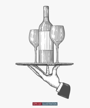 Garson el, şarap şişesi ve bardakla tepsiyi tutuyor. Tasarımının şablonu işe yarıyor. Kabartmalı el çizimi vektör çizimi.